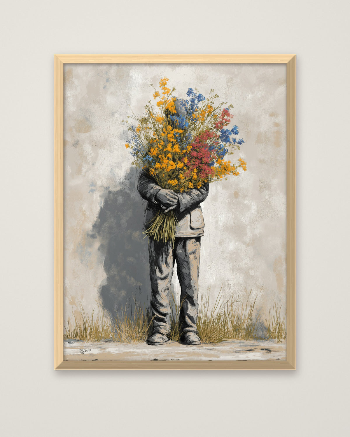 Hidden Bouquet Graffiti Flower Art in a natural wood frame