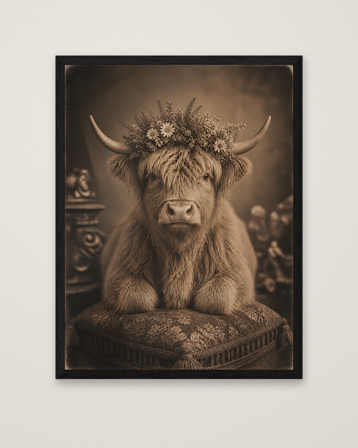 Highland Cow Floral Portrait in a black frame