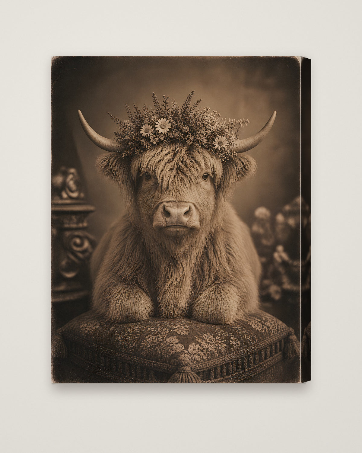 Highland Cow Floral Portrait as a stretched canvas
