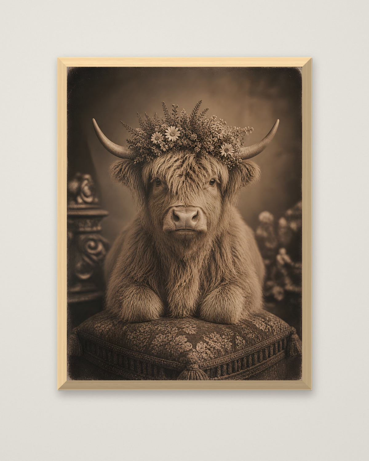 Highland Cow Floral Portrait in a natural wood frame