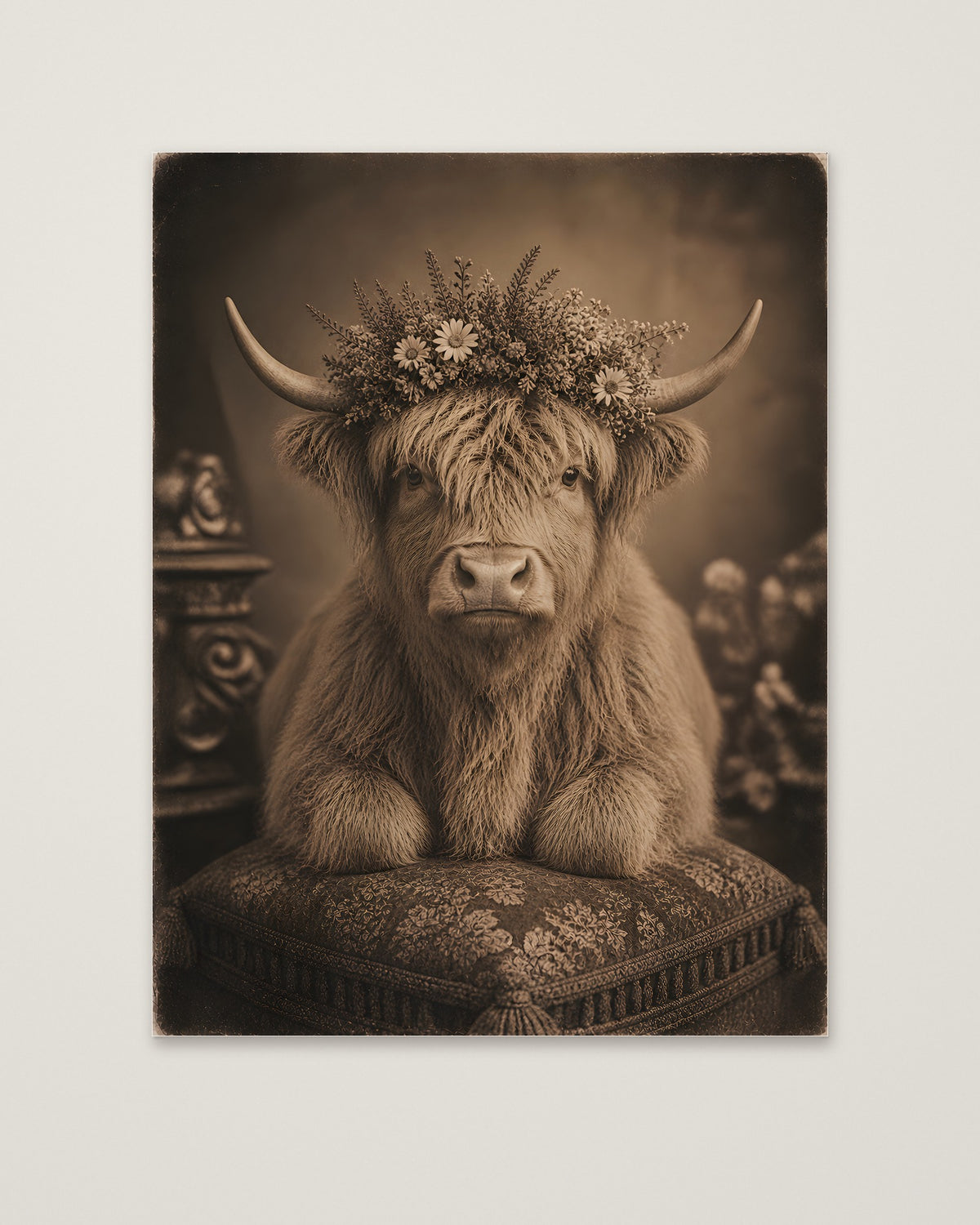 Highland Cow Floral Portrait as an unframed matte paper print