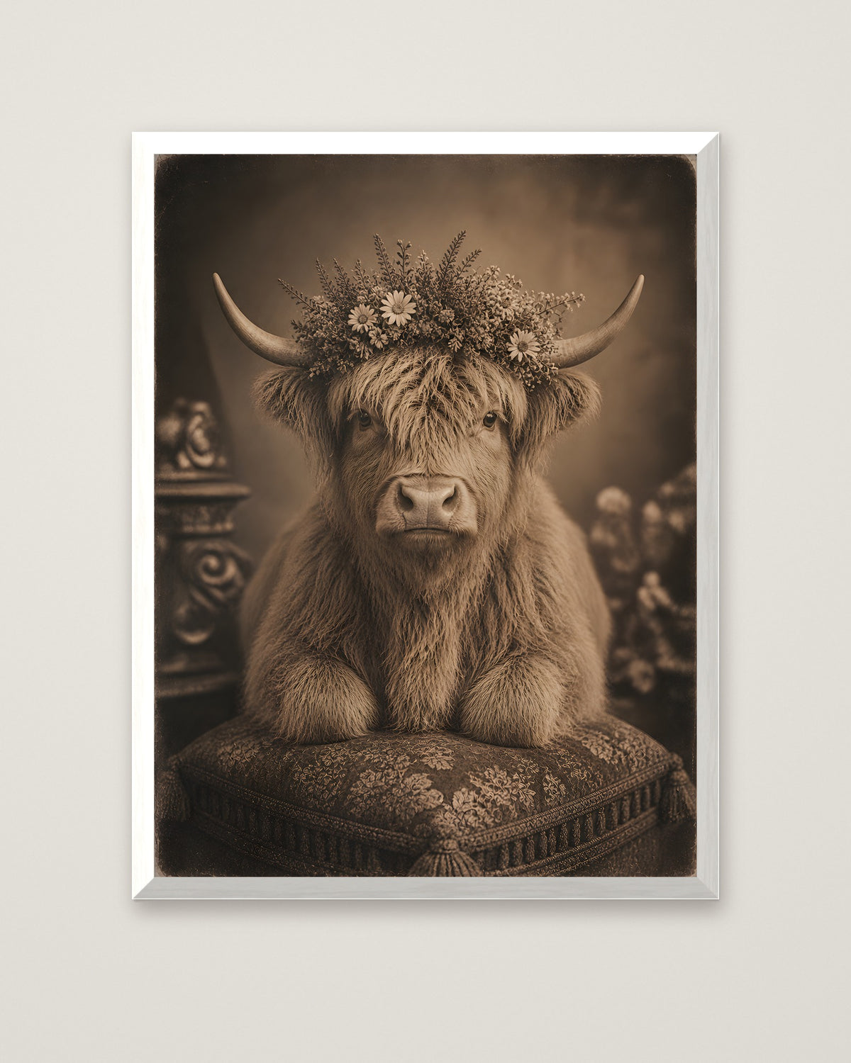 Highland Cow Floral Portrait in a white frame