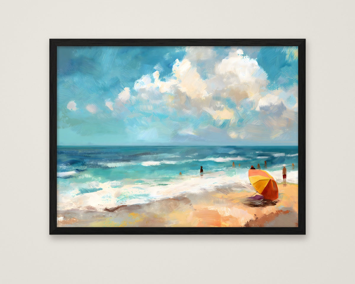 Impressionist Beach Scene Painting in a black frame
