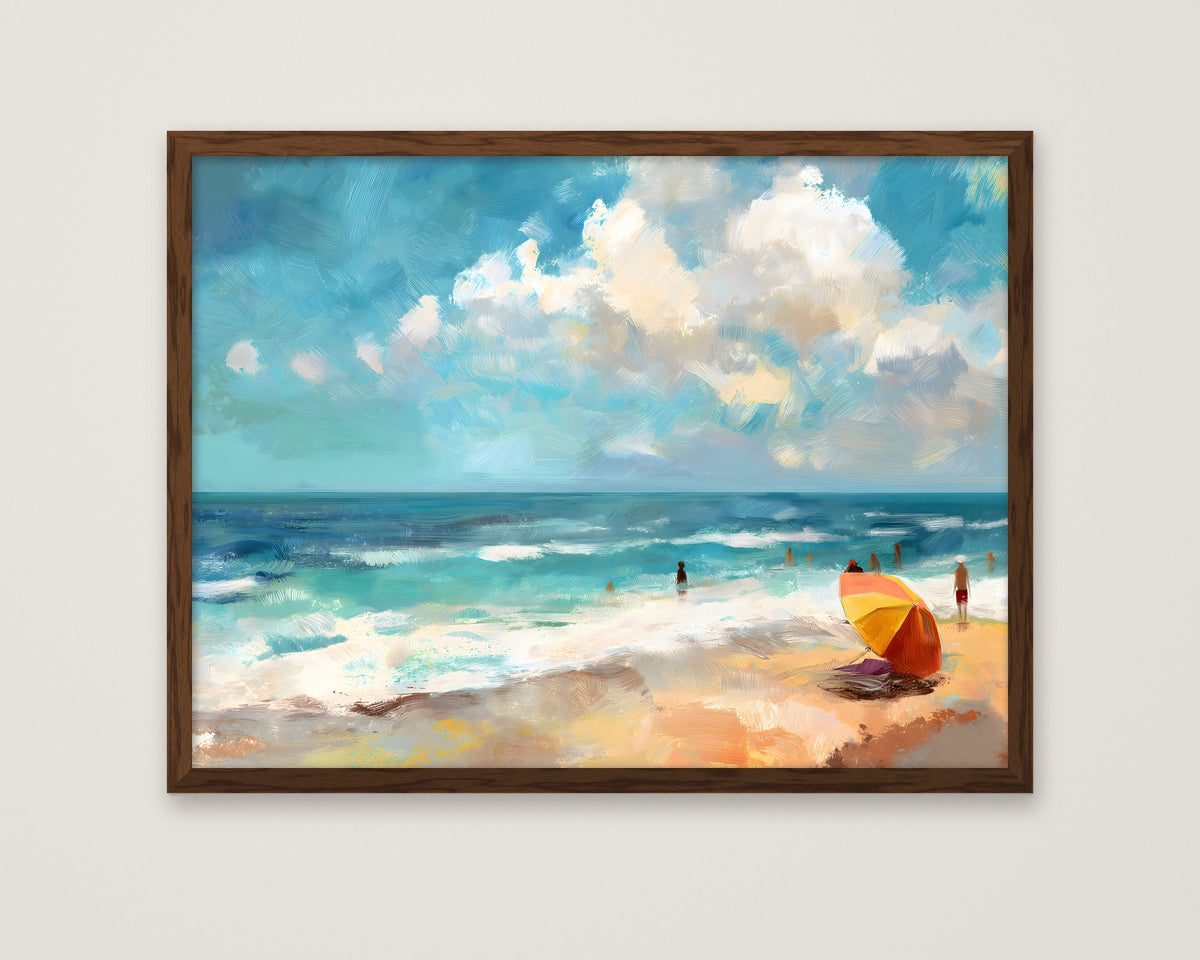 Impressionist Beach Scene Painting in a dark wood frame