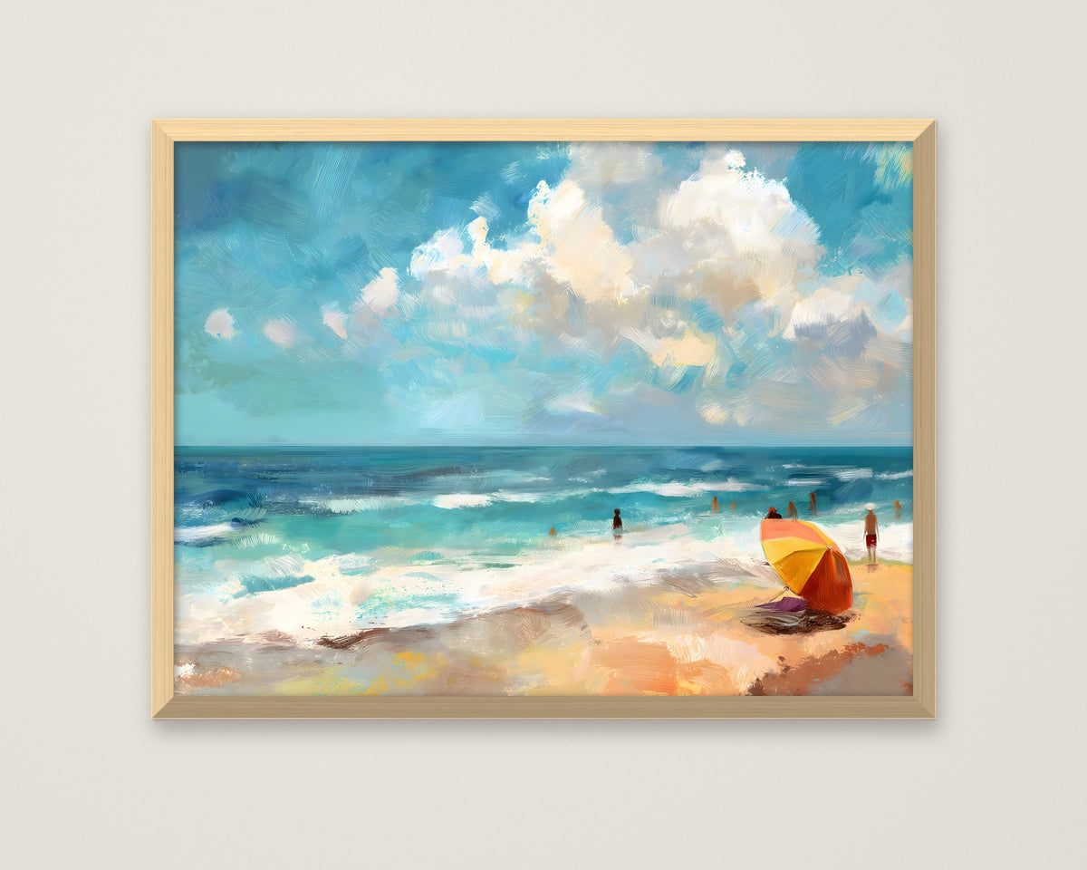 Impressionist Beach Scene Painting in a natural wood frame