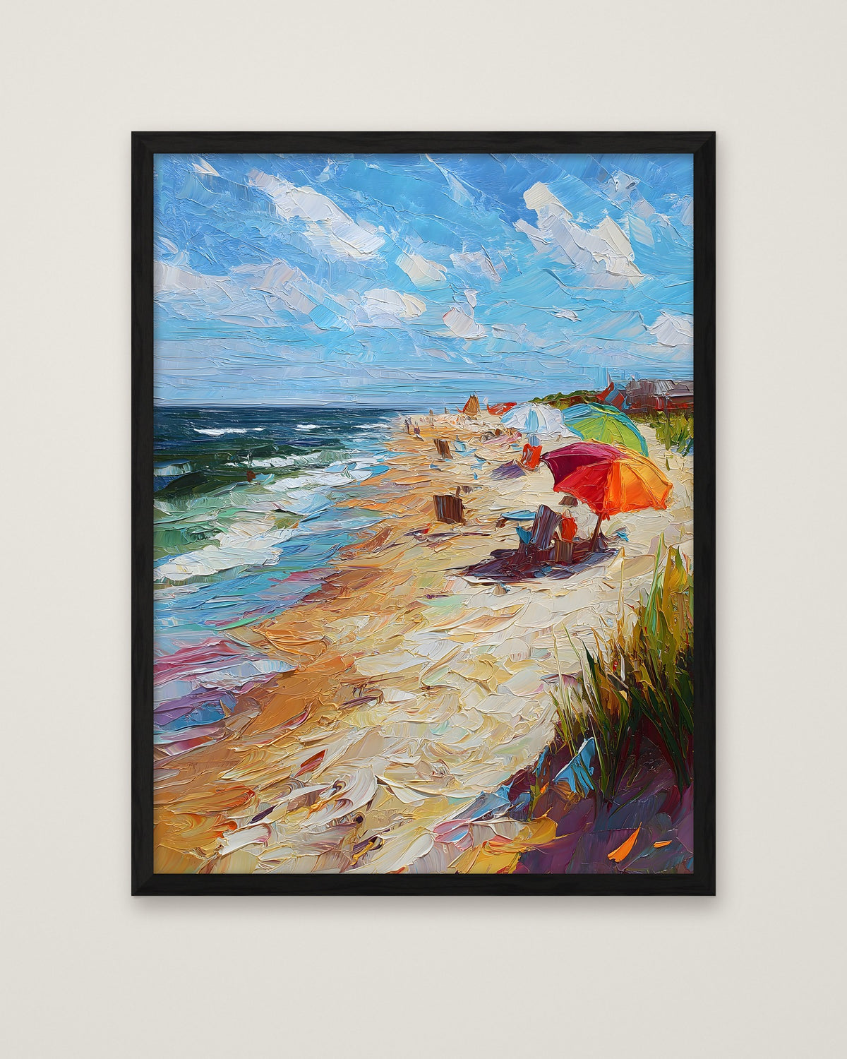 Impressionist Beach Umbrella Coastal Art in a black frame