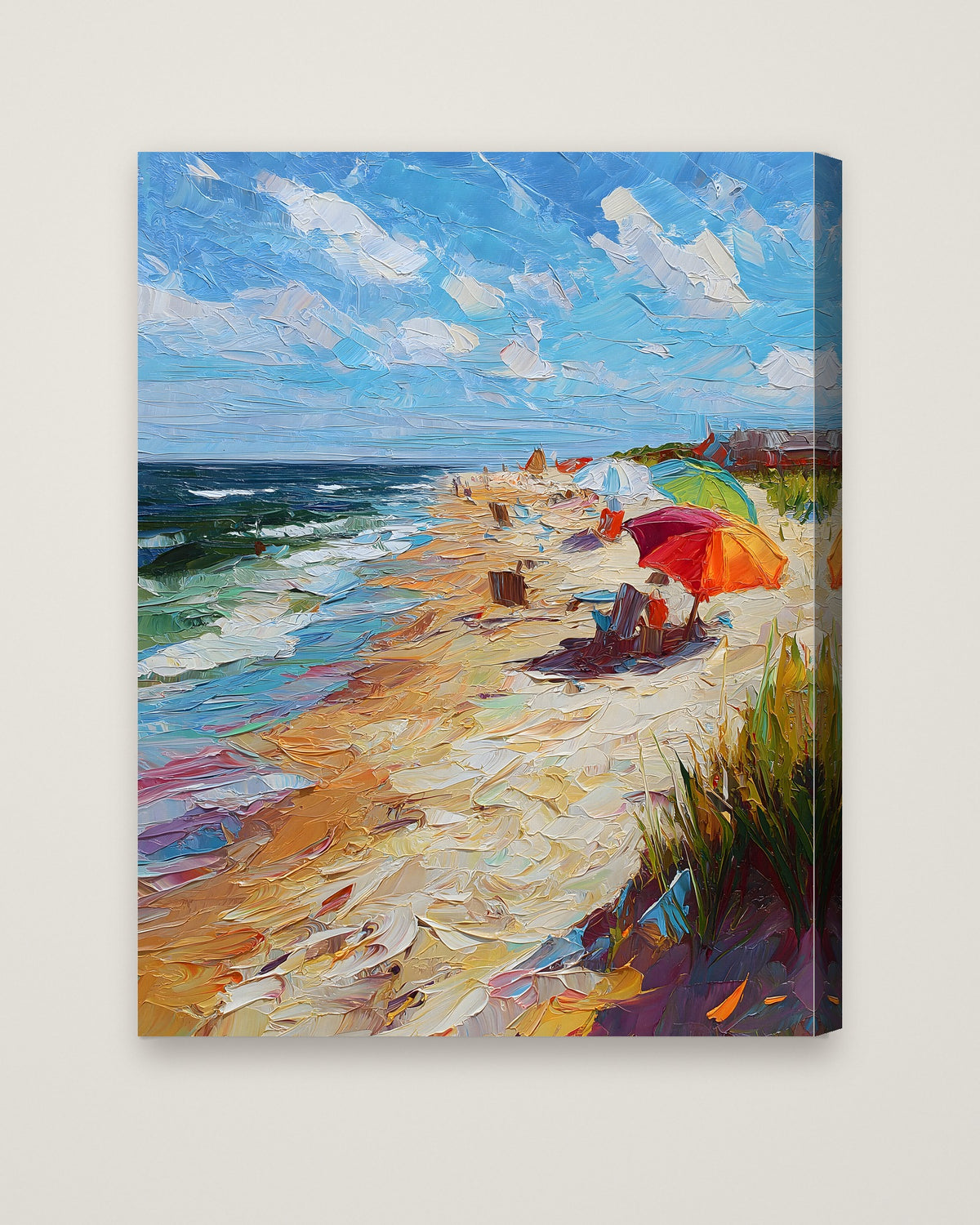 Impressionist Beach Umbrella Coastal Art as a stretched canvas