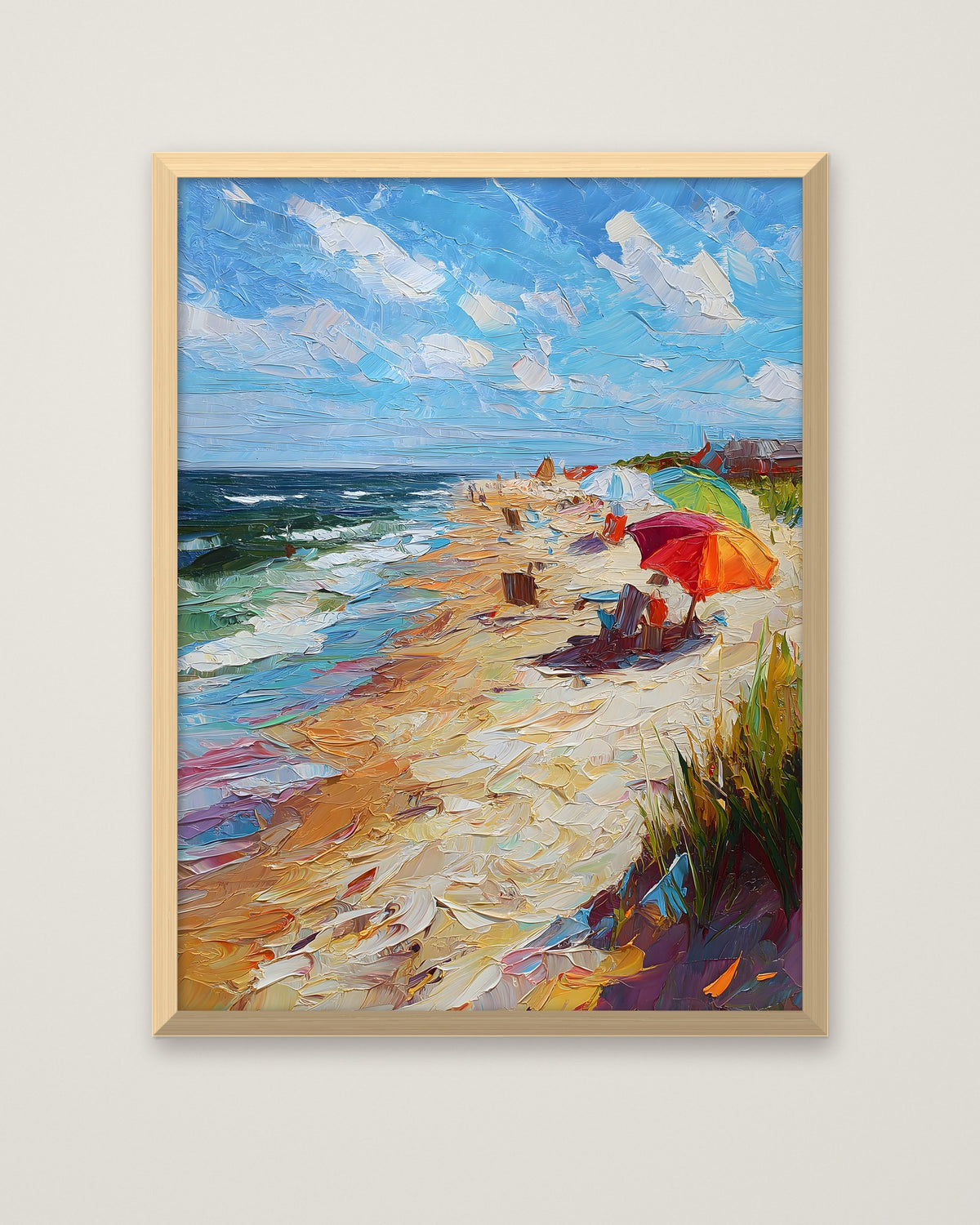 Impressionist Beach Umbrella Coastal Art in a natural wood frame