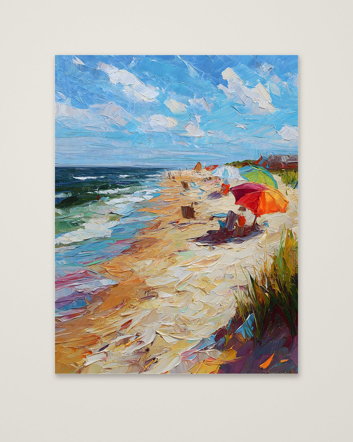 Impressionist Beach Umbrella Coastal Art as an unframed matte paper print