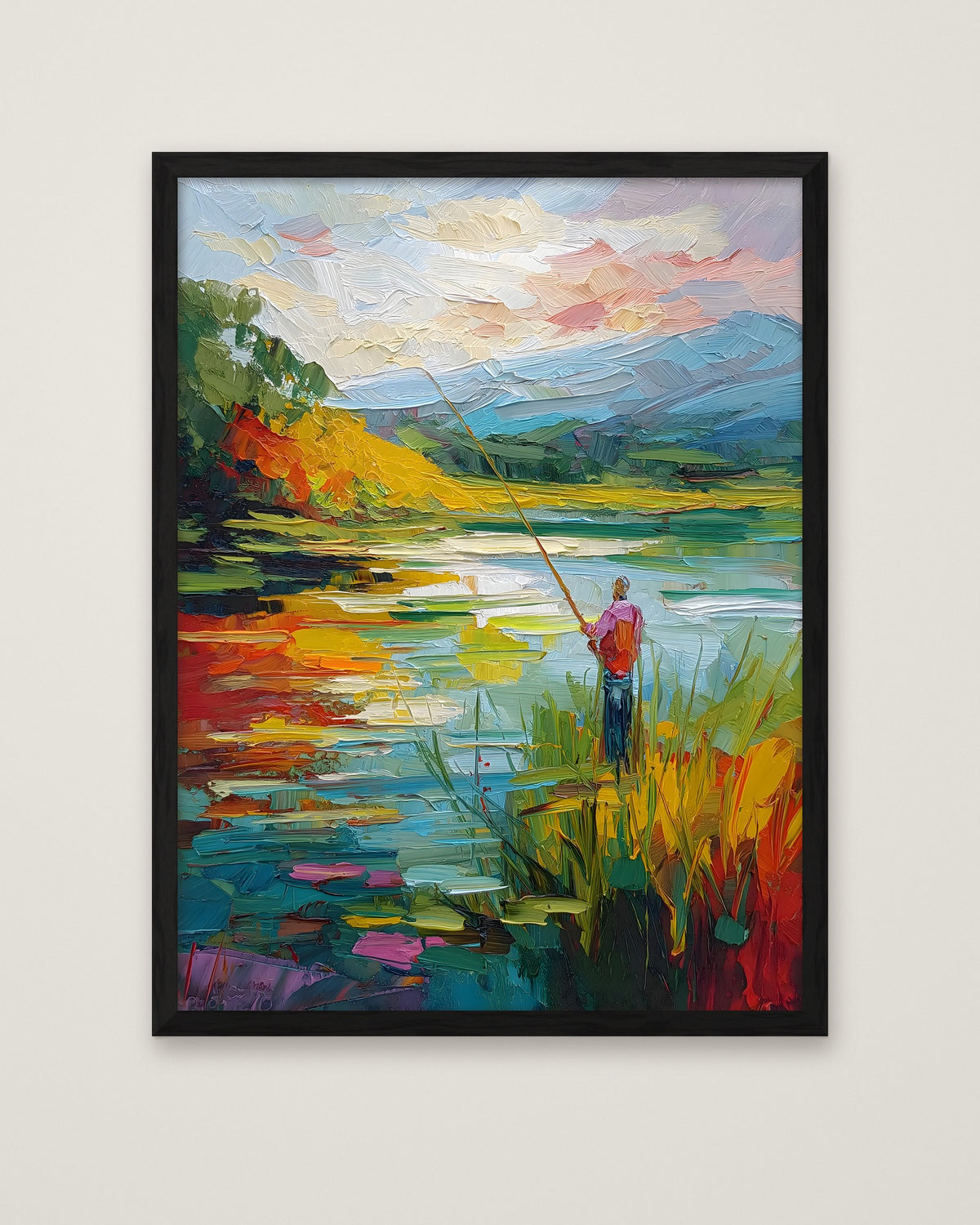Impressionist Fishing Lake Painting in a black frame