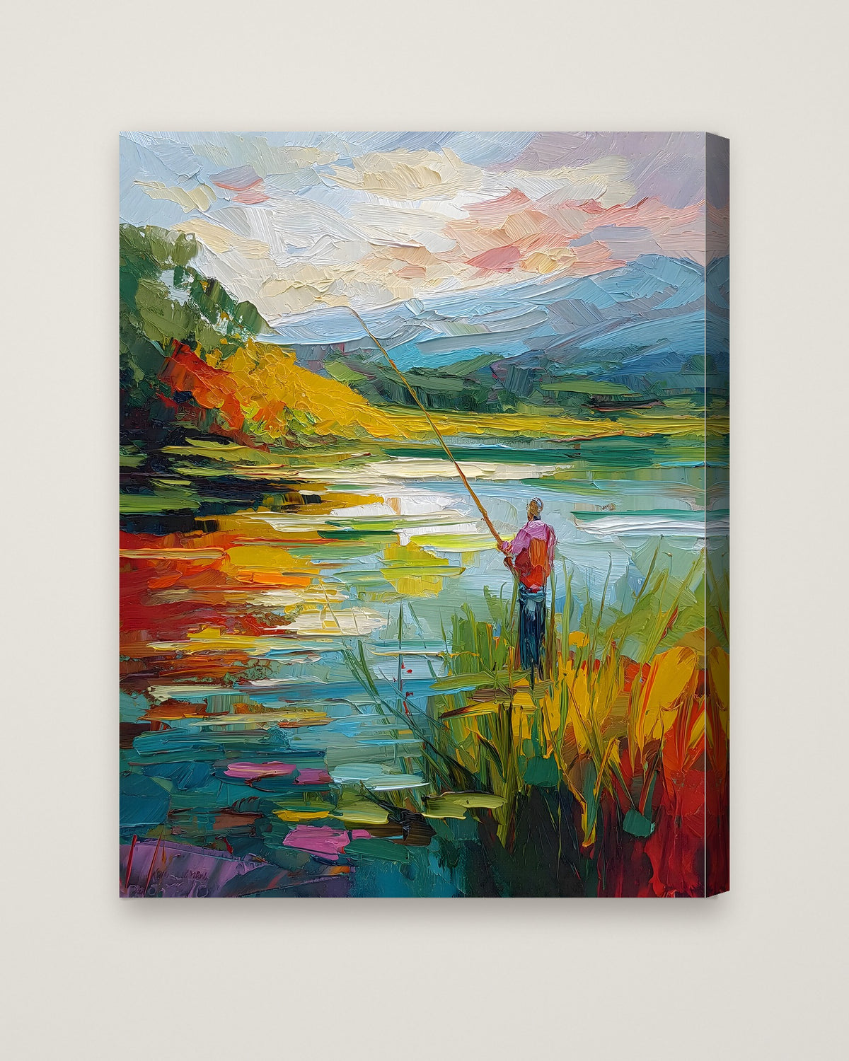Impressionist Fishing Lake Painting as a stretched canvas