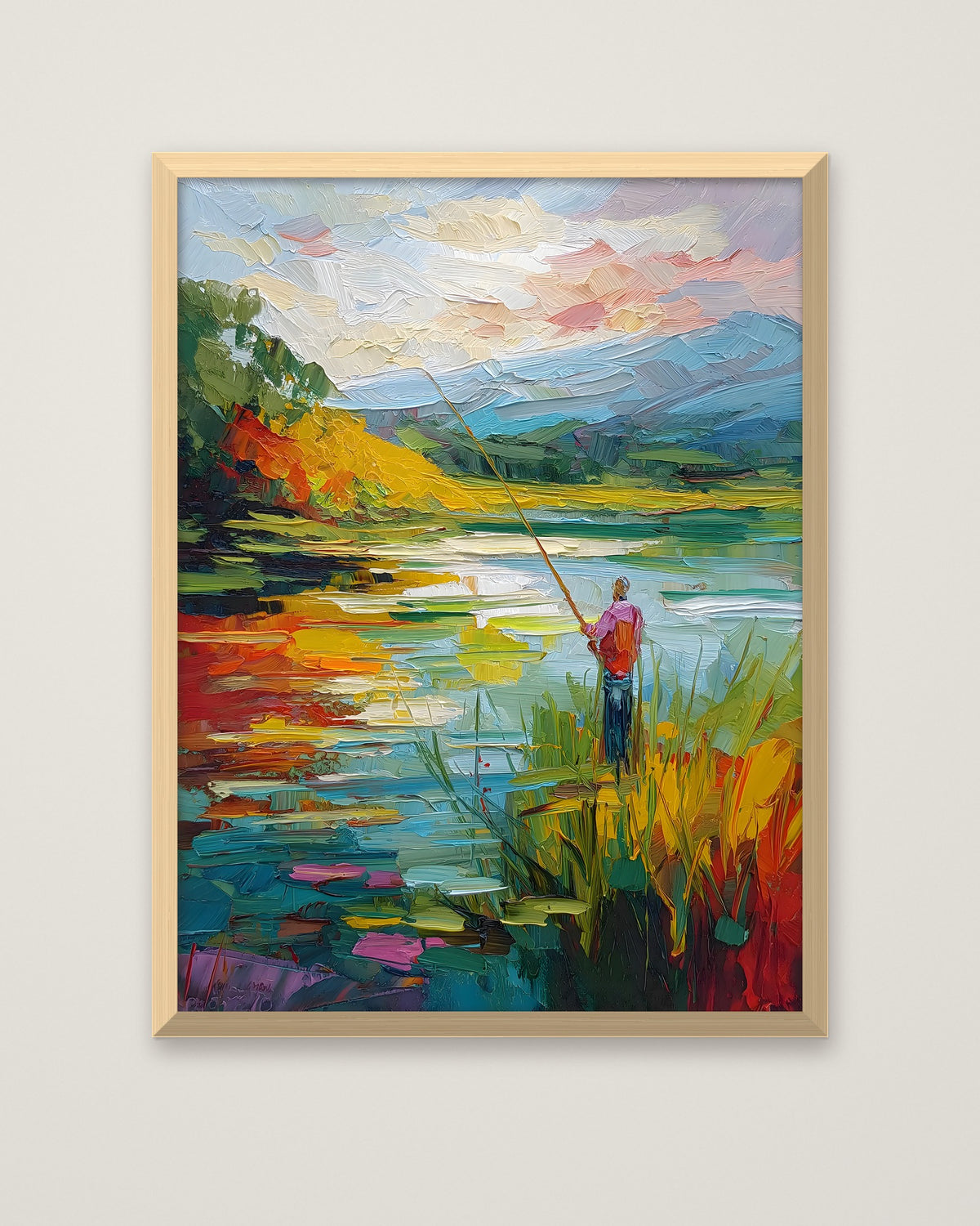 Impressionist Fishing Lake Painting in a natural wood frame