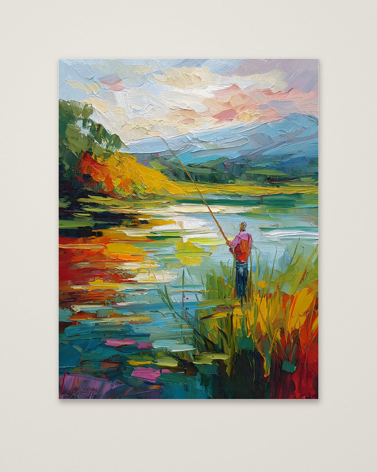 Impressionist Fishing Lake Painting as an unframed matte paper print