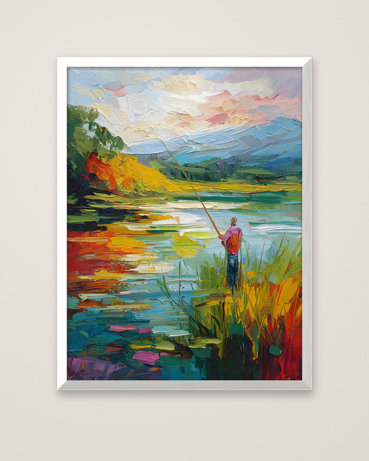 Impressionist Fishing Lake Painting in a white frame