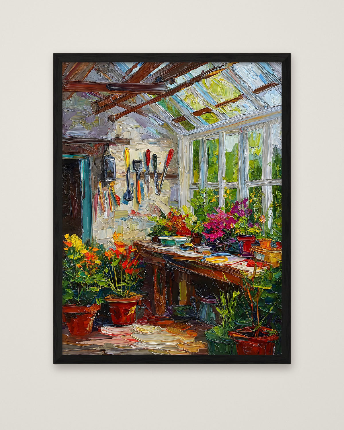 Impressionist Greenhouse Interior Art in a black frame
