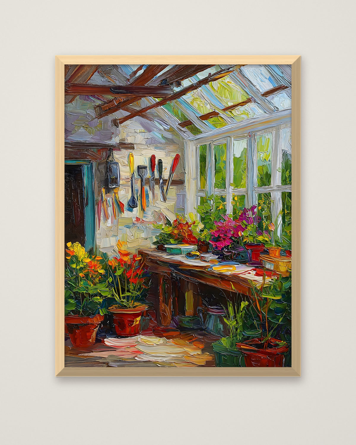 Impressionist Greenhouse Interior Art in a natural wood frame