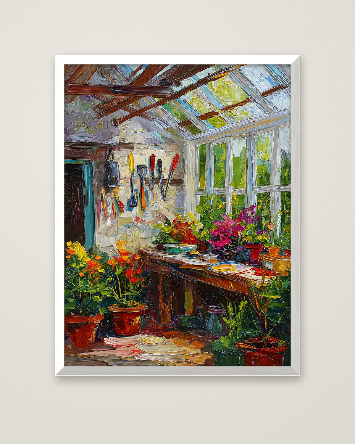 Impressionist Greenhouse Interior Art in a white frame