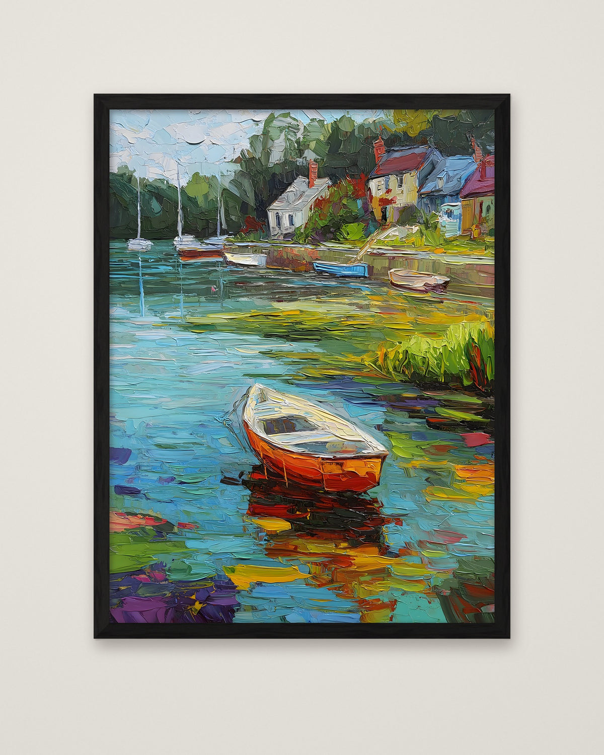 Impressionist Harbor Boats Painting in a black frame