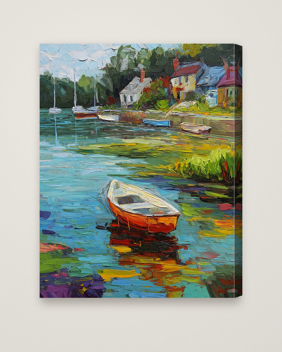 Impressionist Harbor Boats Painting as a stretched canvas
