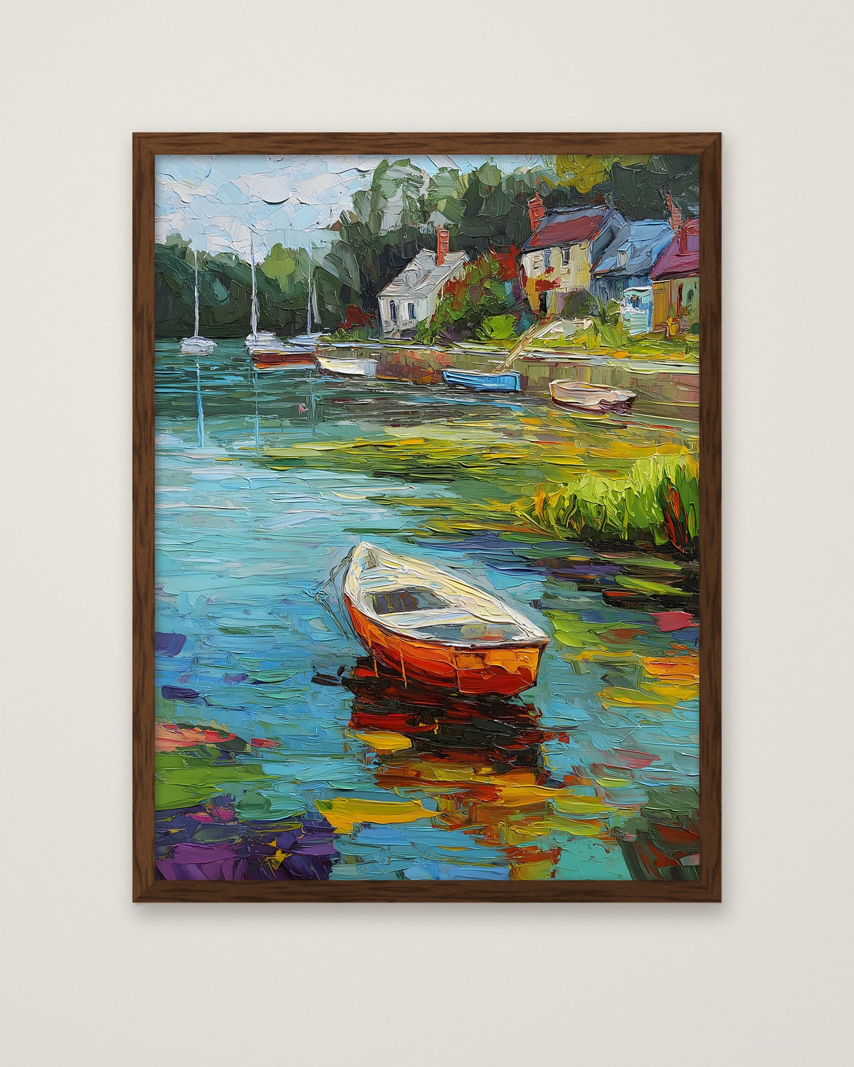 Impressionist Harbor Boats Painting in a dark wood frame