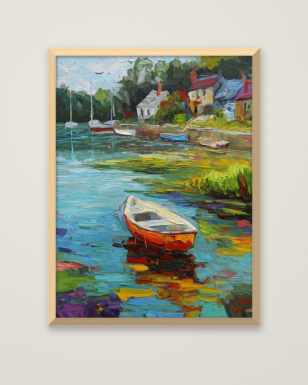 Impressionist Harbor Boats Painting in a natural wood frame