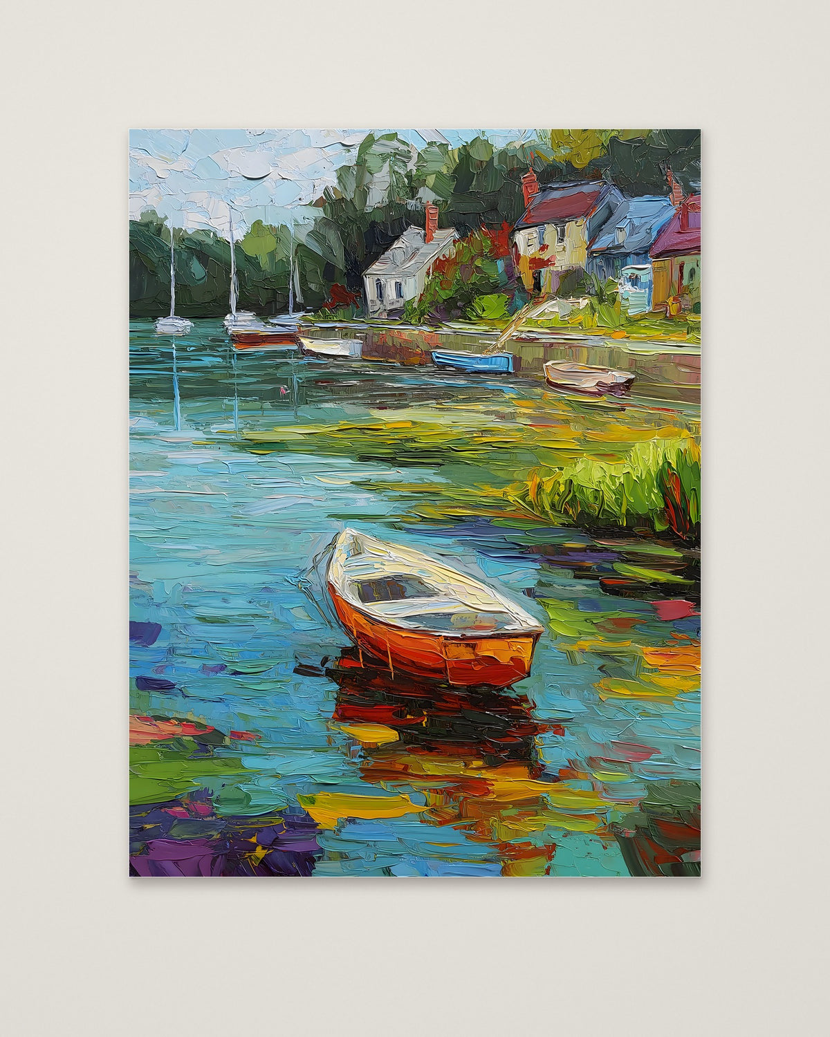 Impressionist Harbor Boats Painting as an unframed matte paper print