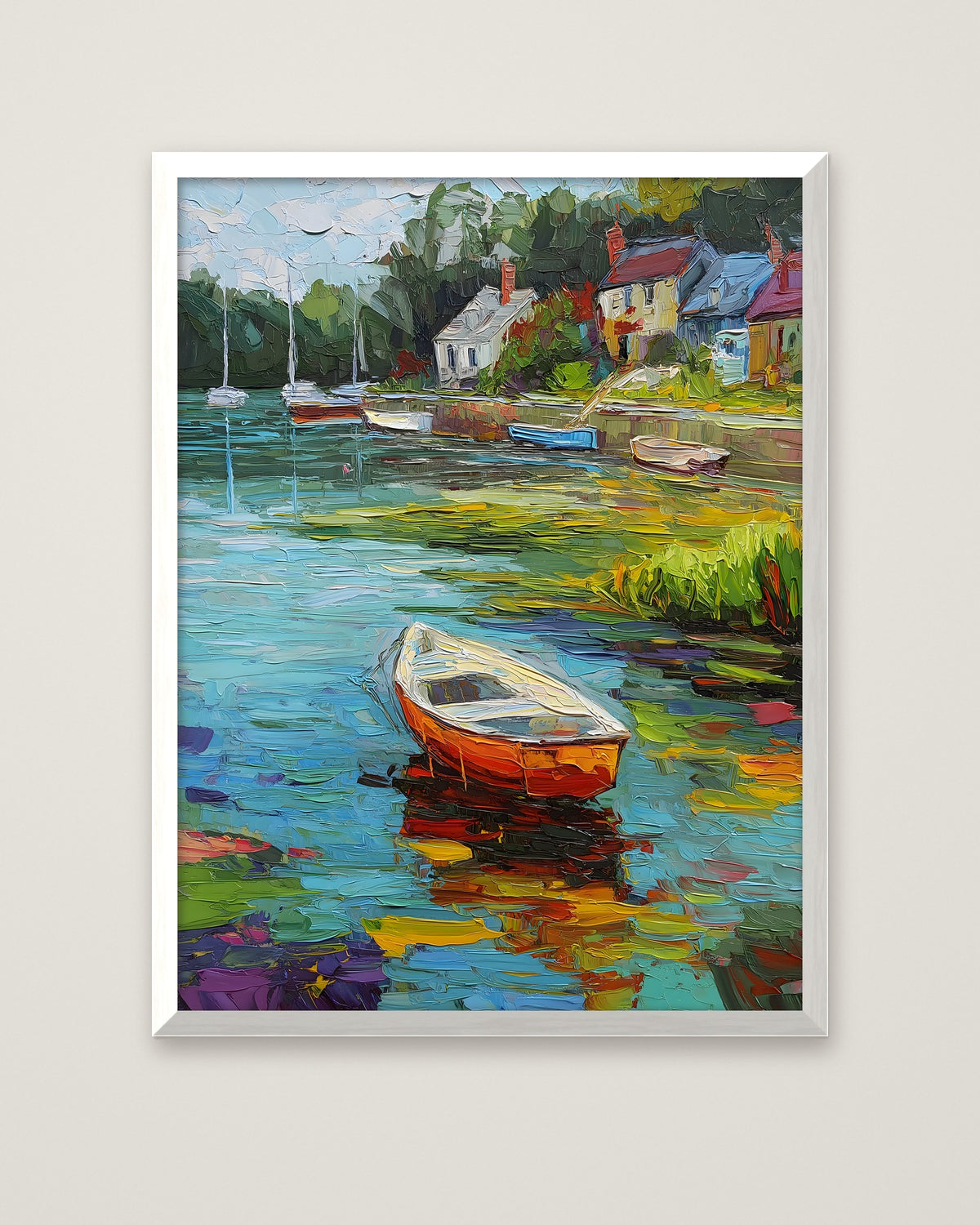 Impressionist Harbor Boats Painting in a white frame