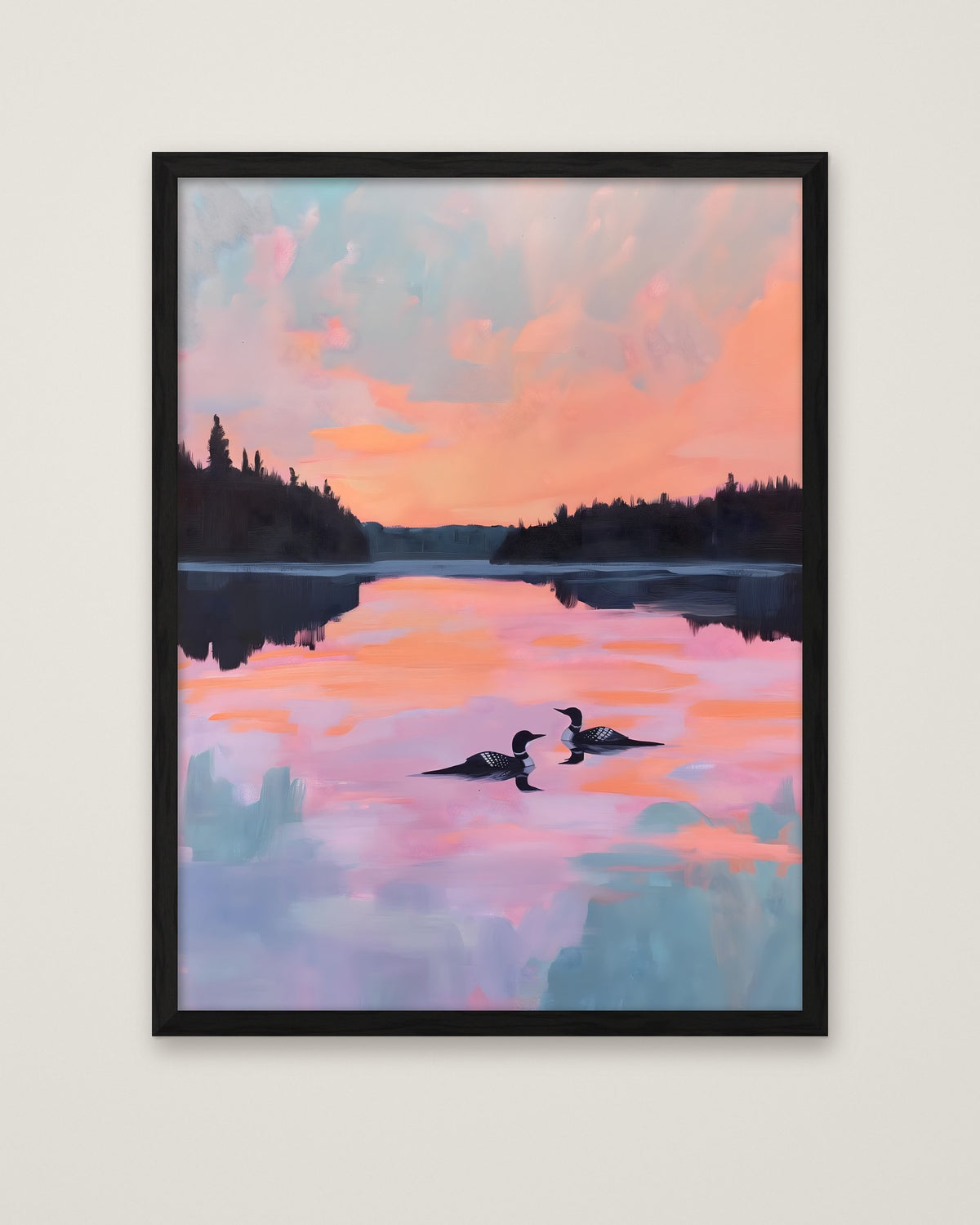 Loon Pair Sunset Lake Art in a black frame