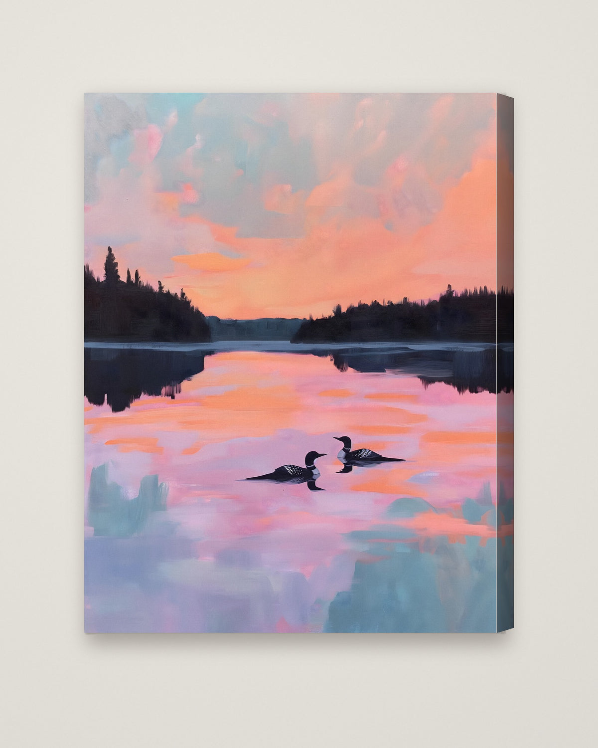 Loon Pair Sunset Lake Art as a stretched canvas