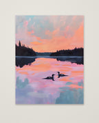 Loon Pair Sunset Lake Art as an unframed matte paper print
