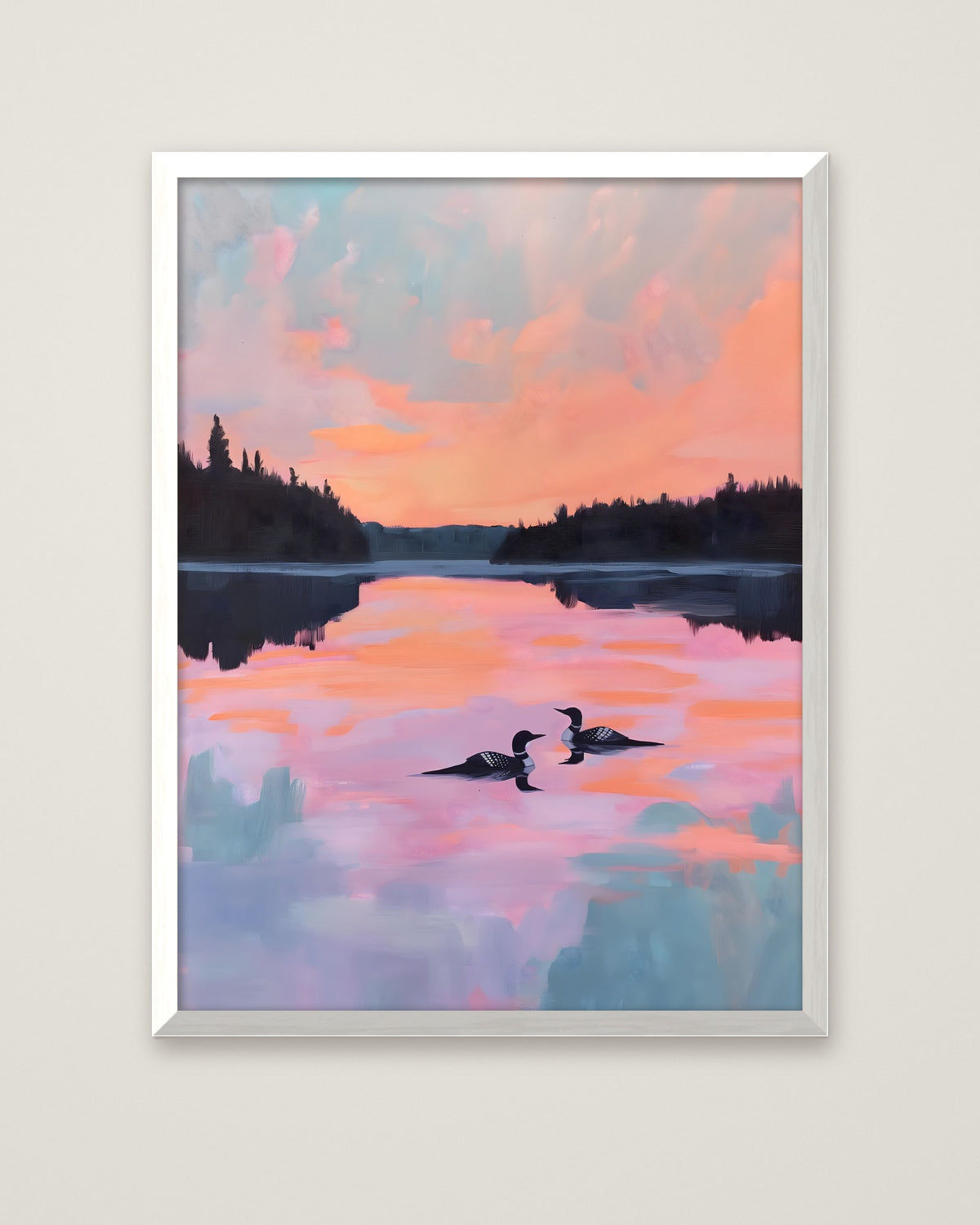 Loon Pair Sunset Lake Art in a white frame