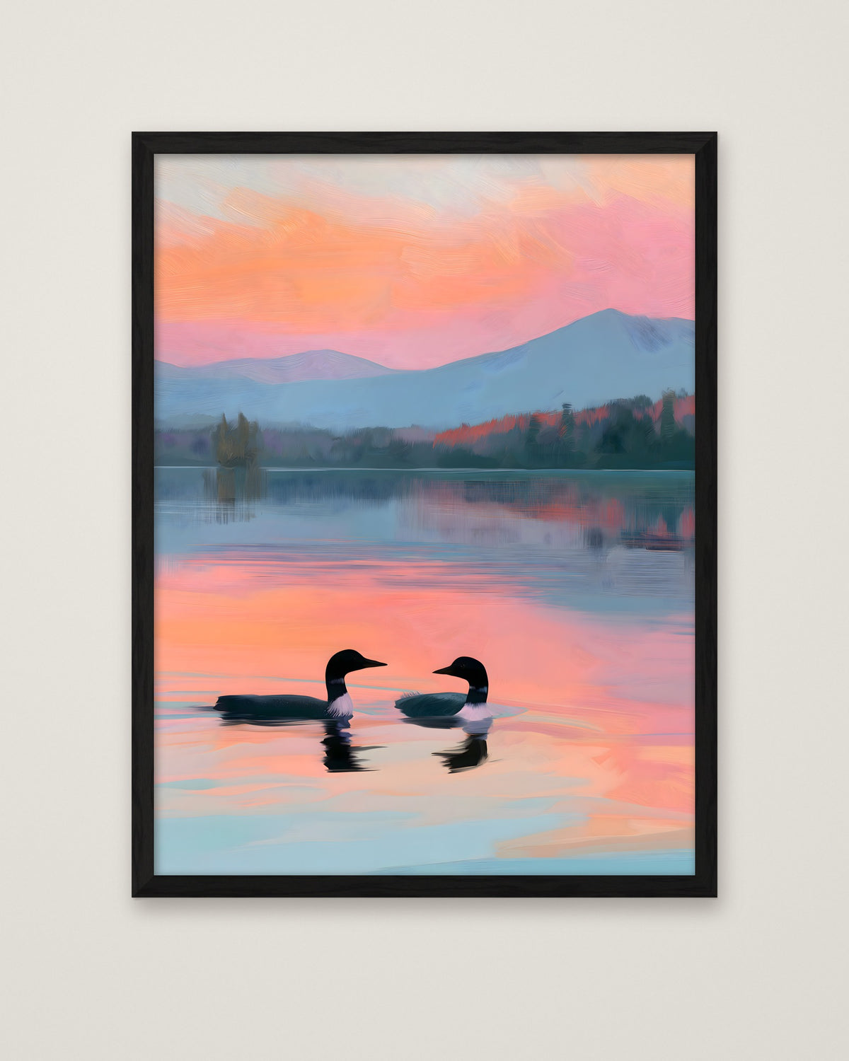 Loon Pair Sunset Lake Art in a black frame