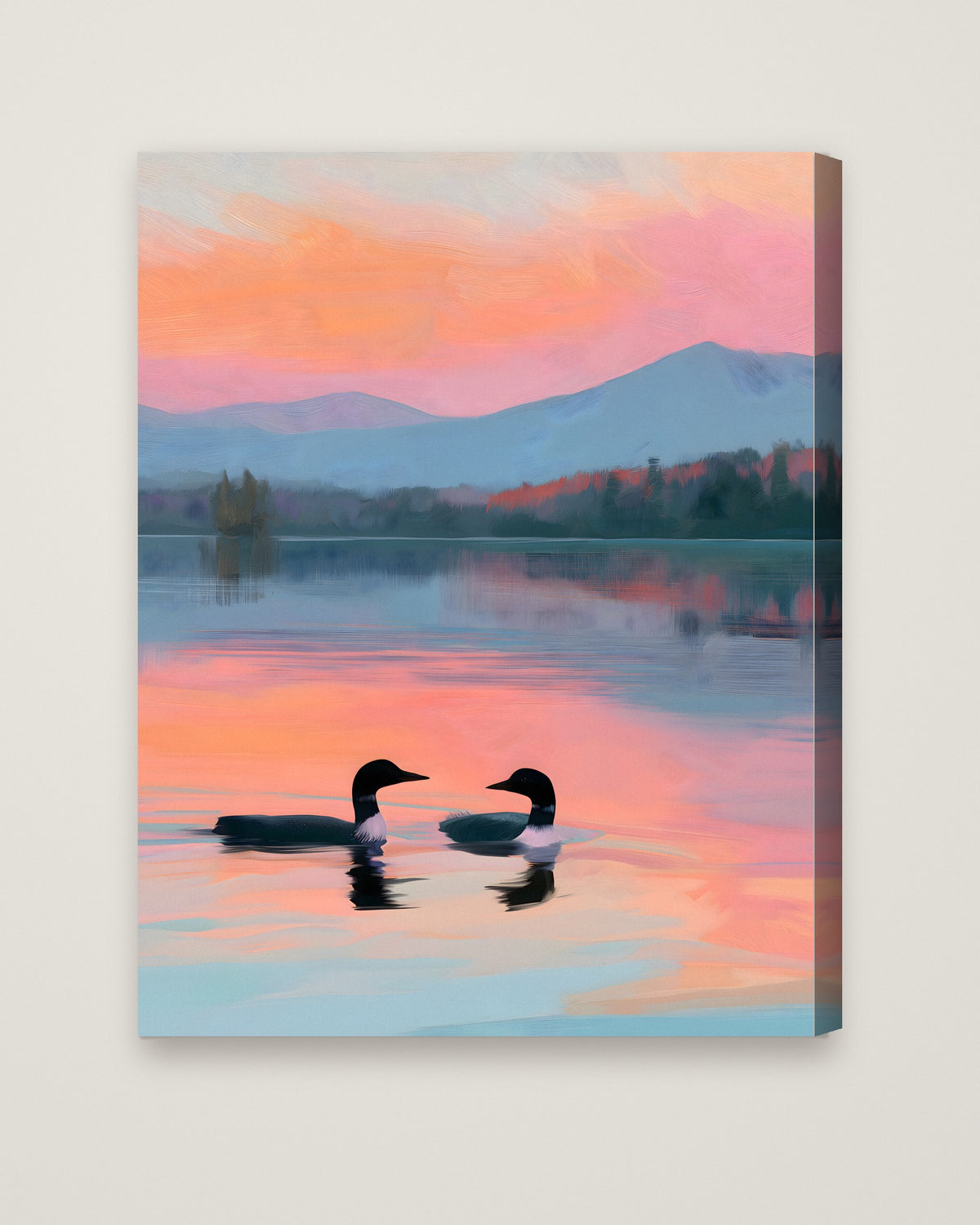 Loon Pair Sunset Lake Art as a stretched canvas