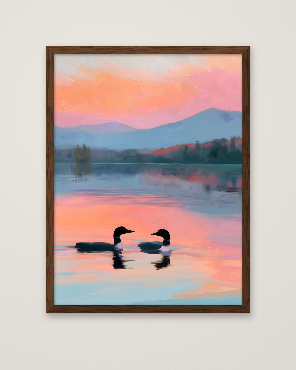 Loon Pair Sunset Lake Art in a dark wood frame