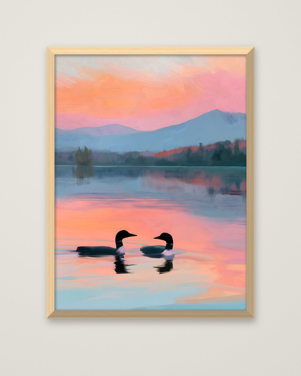 Loon Pair Sunset Lake Art in a natural wood frame