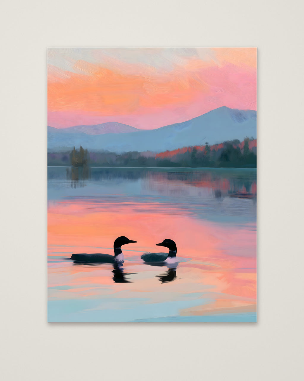Loon Pair Sunset Lake Art as an unframed matte paper print