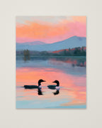 Loon Pair Sunset Lake Art as an unframed matte paper print