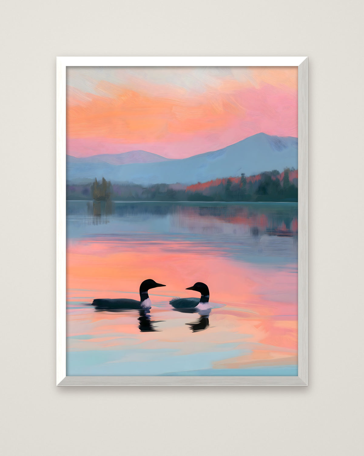 Loon Pair Sunset Lake Art in a white frame