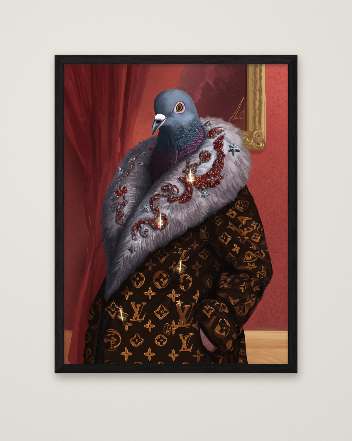 Luxury Fashion Pigeon Portrait in a black frame