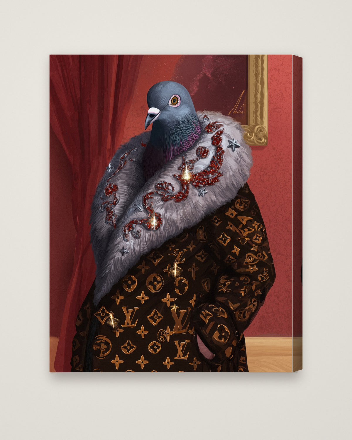 Luxury Fashion Pigeon Portrait as a stretched canvas