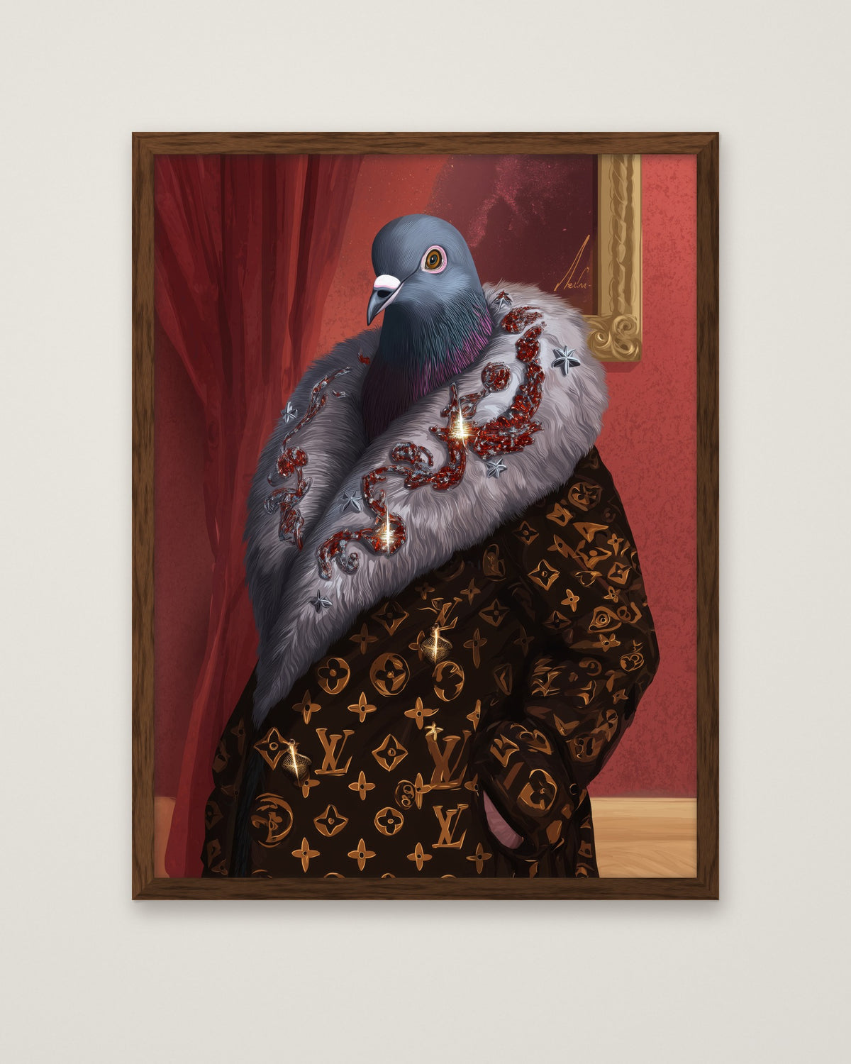 Luxury Fashion Pigeon Portrait in a dark wood frame
