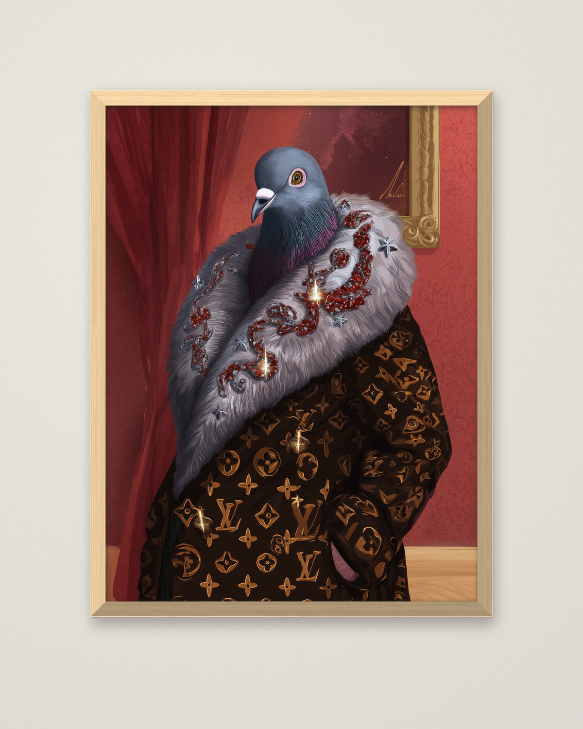 Luxury Fashion Pigeon Portrait in a natural wood frame