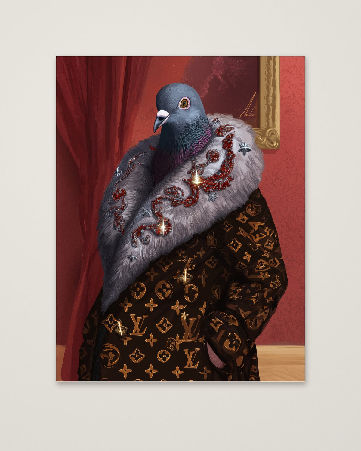 Luxury Fashion Pigeon Portrait as an unframed matte paper print