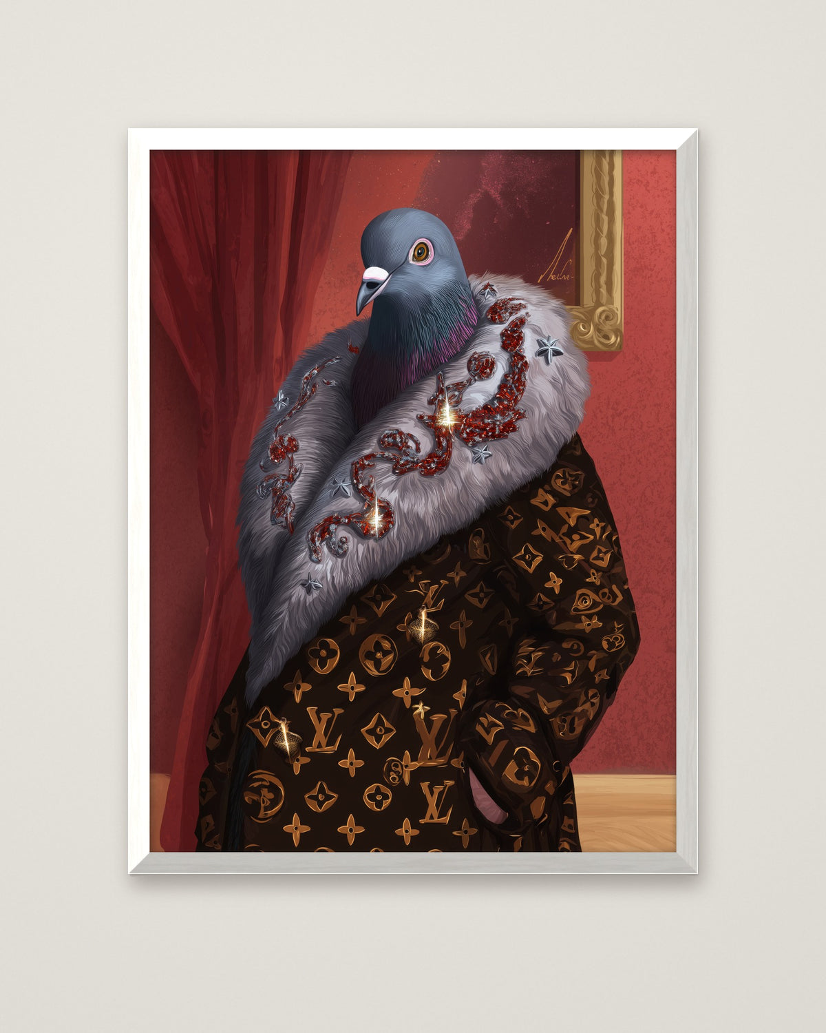 Luxury Fashion Pigeon Portrait in a white frame