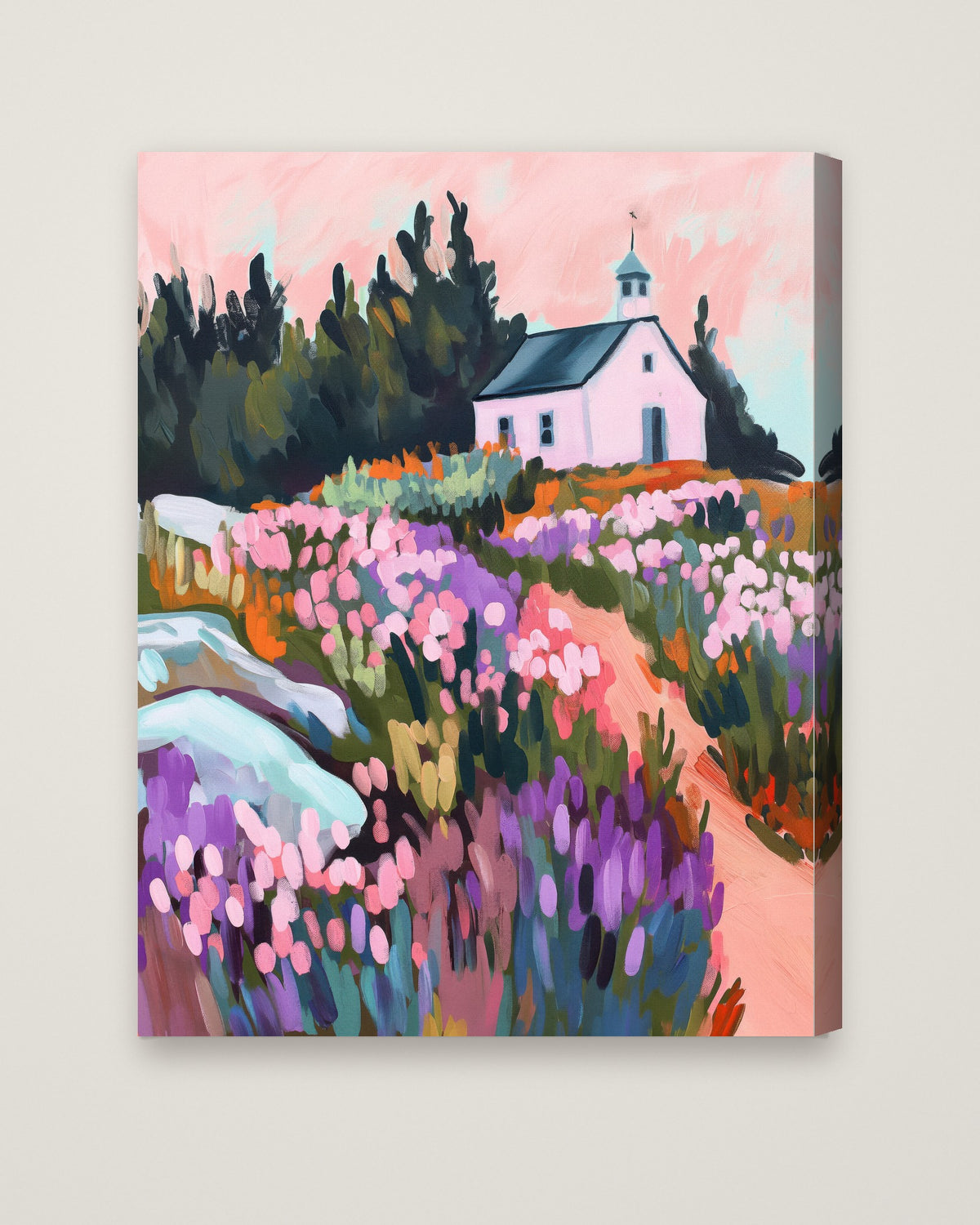 Meadow Chapel Sunset Painting as a stretched canvas