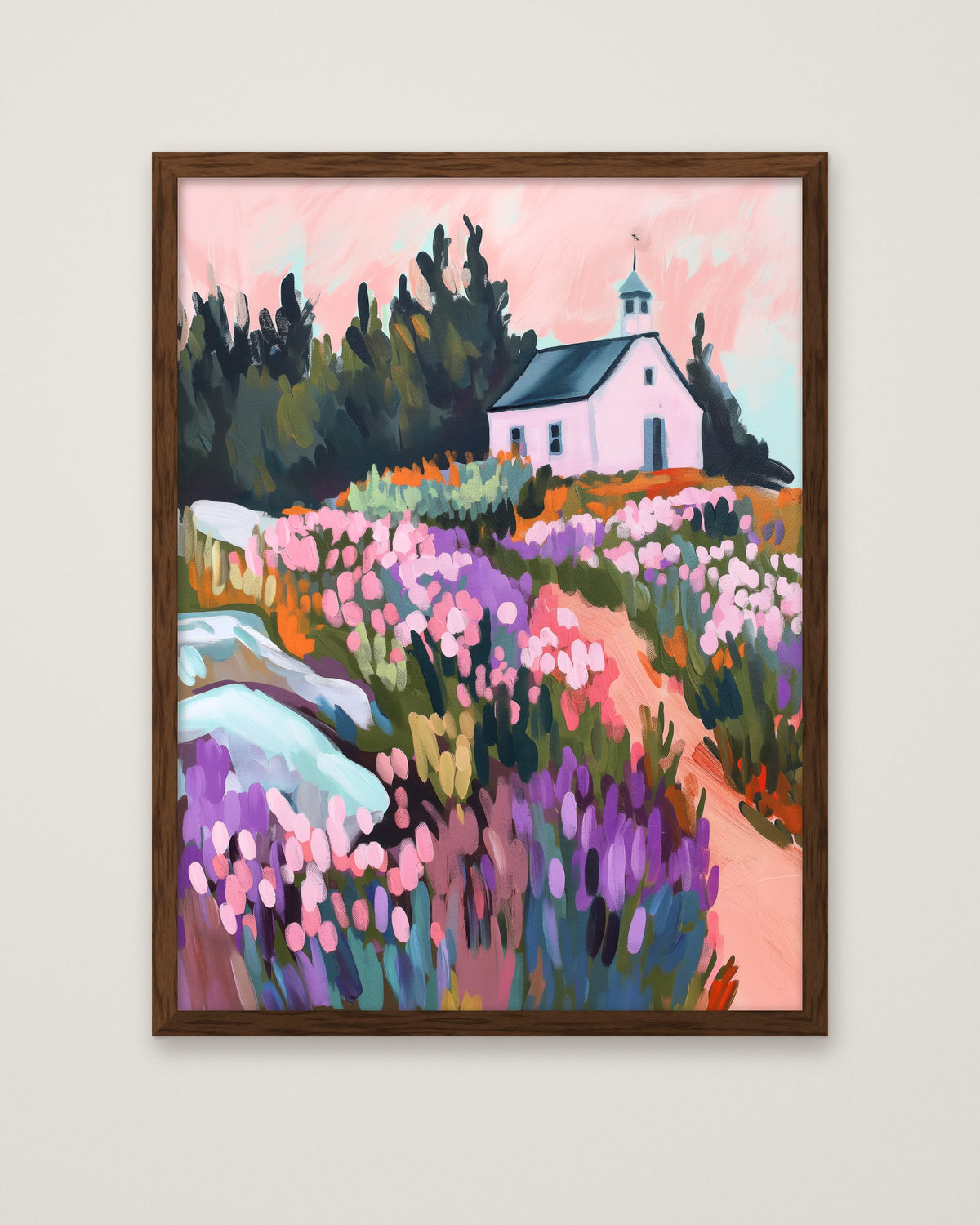 Meadow Chapel Sunset Painting in a dark wood frame