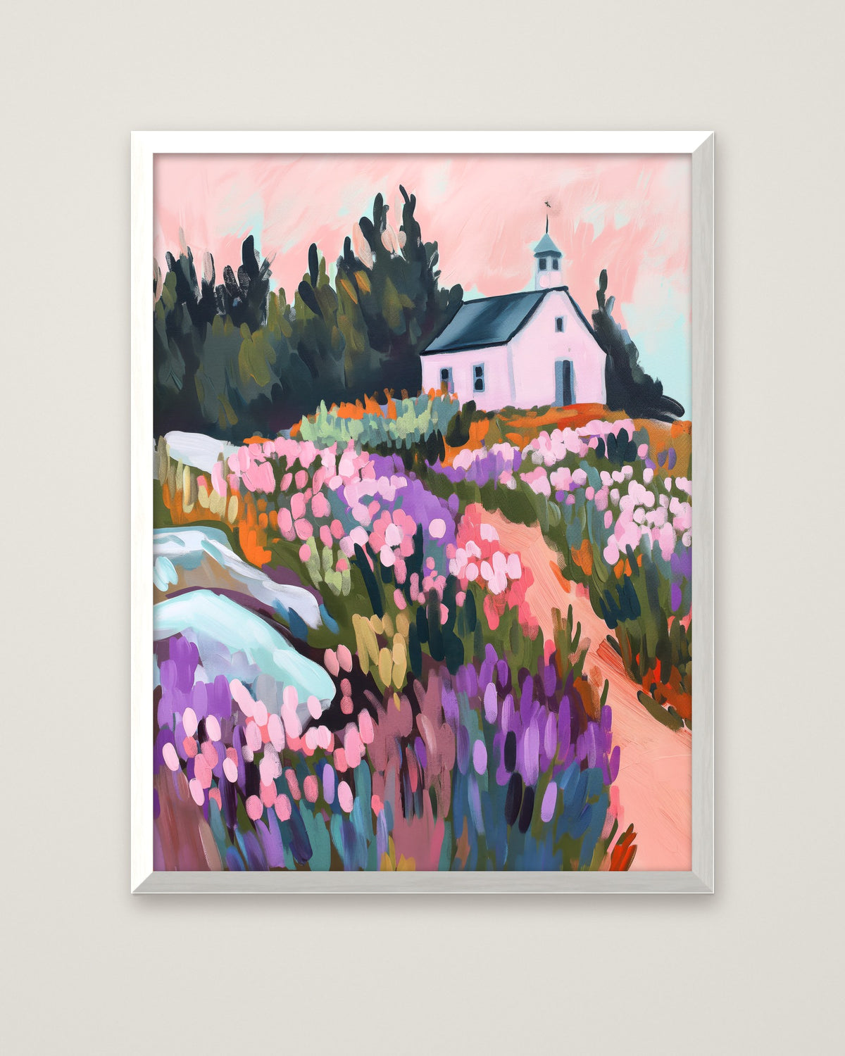 Meadow Chapel Sunset Painting in a white frame