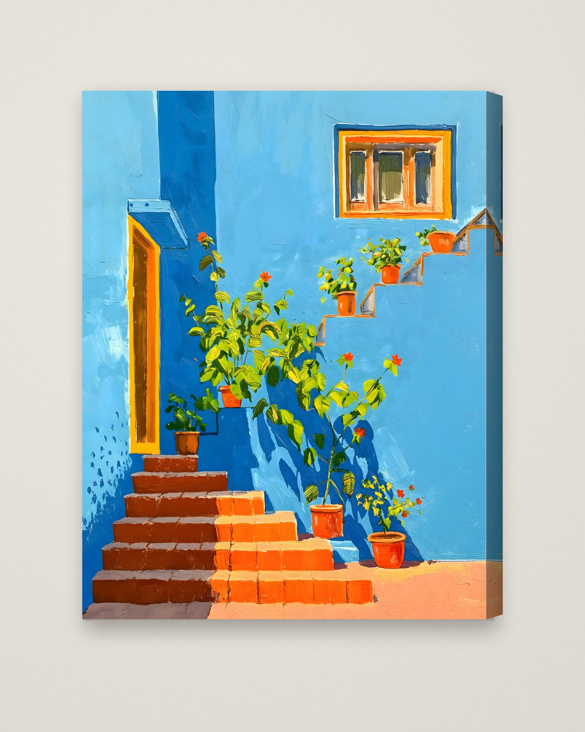 Mediterranean Blue Wall Staircase Art as a stretched canvas