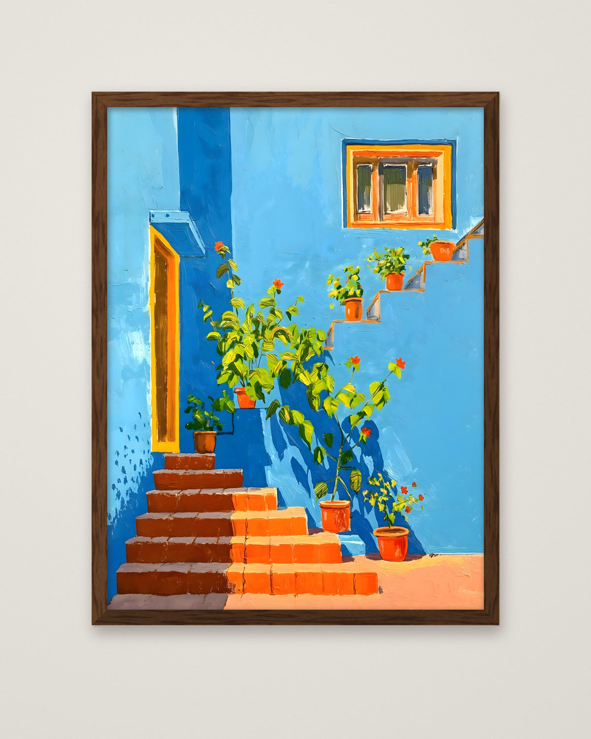 Mediterranean Blue Wall Staircase Art in a dark wood frame