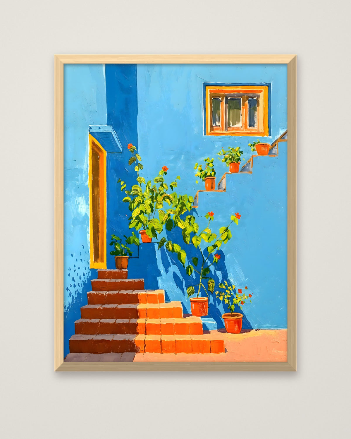 Mediterranean Blue Wall Staircase Art in a natural wood frame